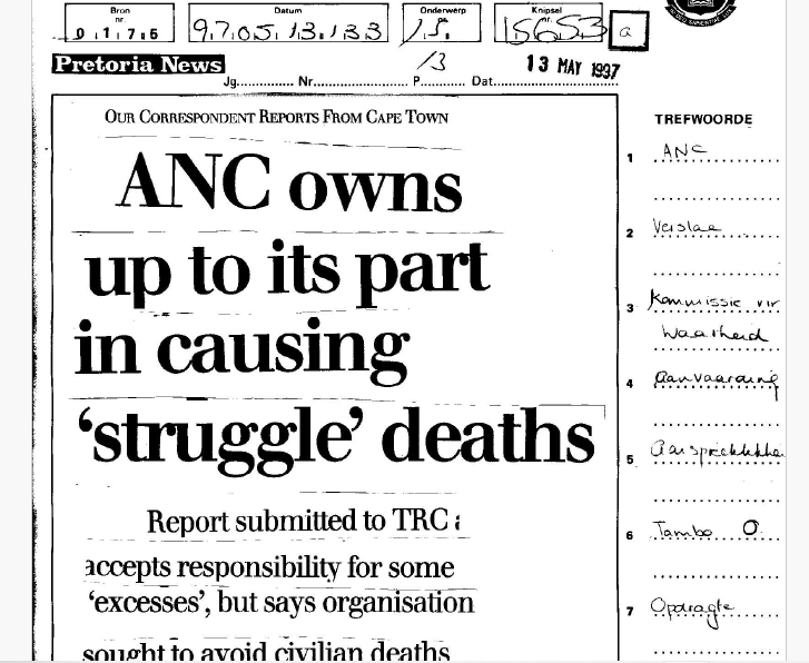 SA Air Force operation, ANC owns up to its part in causing struggle deaths, Pretoria News, 13 May 1997 